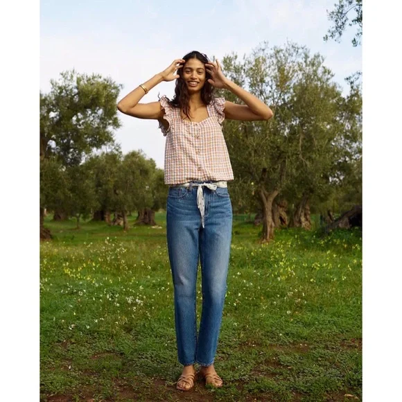 NWOT Gingham Seersucker Ruffle-Strap Button-Up Tank Top - Picture 6 of 6